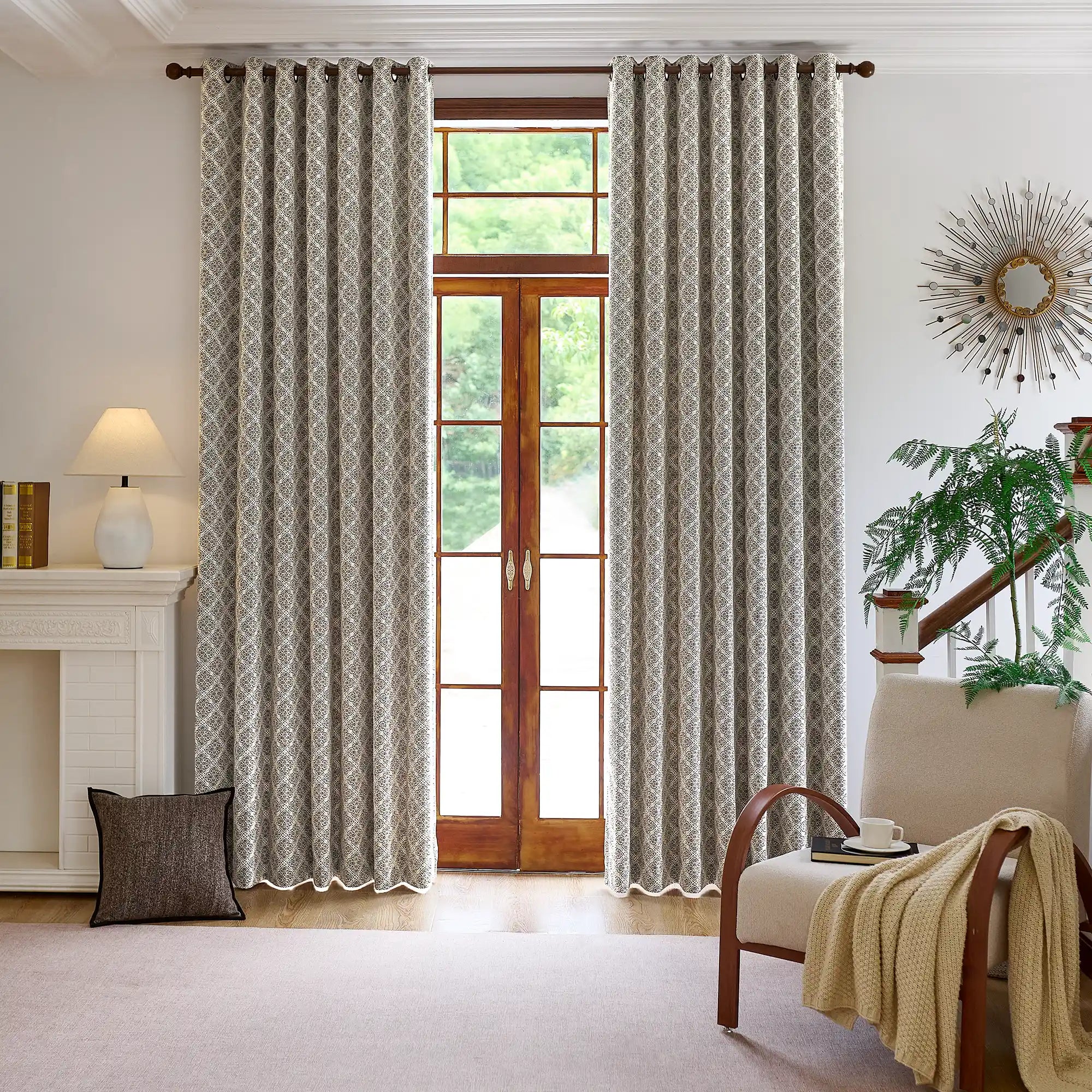 Talise Black & Beige Geometric Damask Jacquard Chenille Drapes