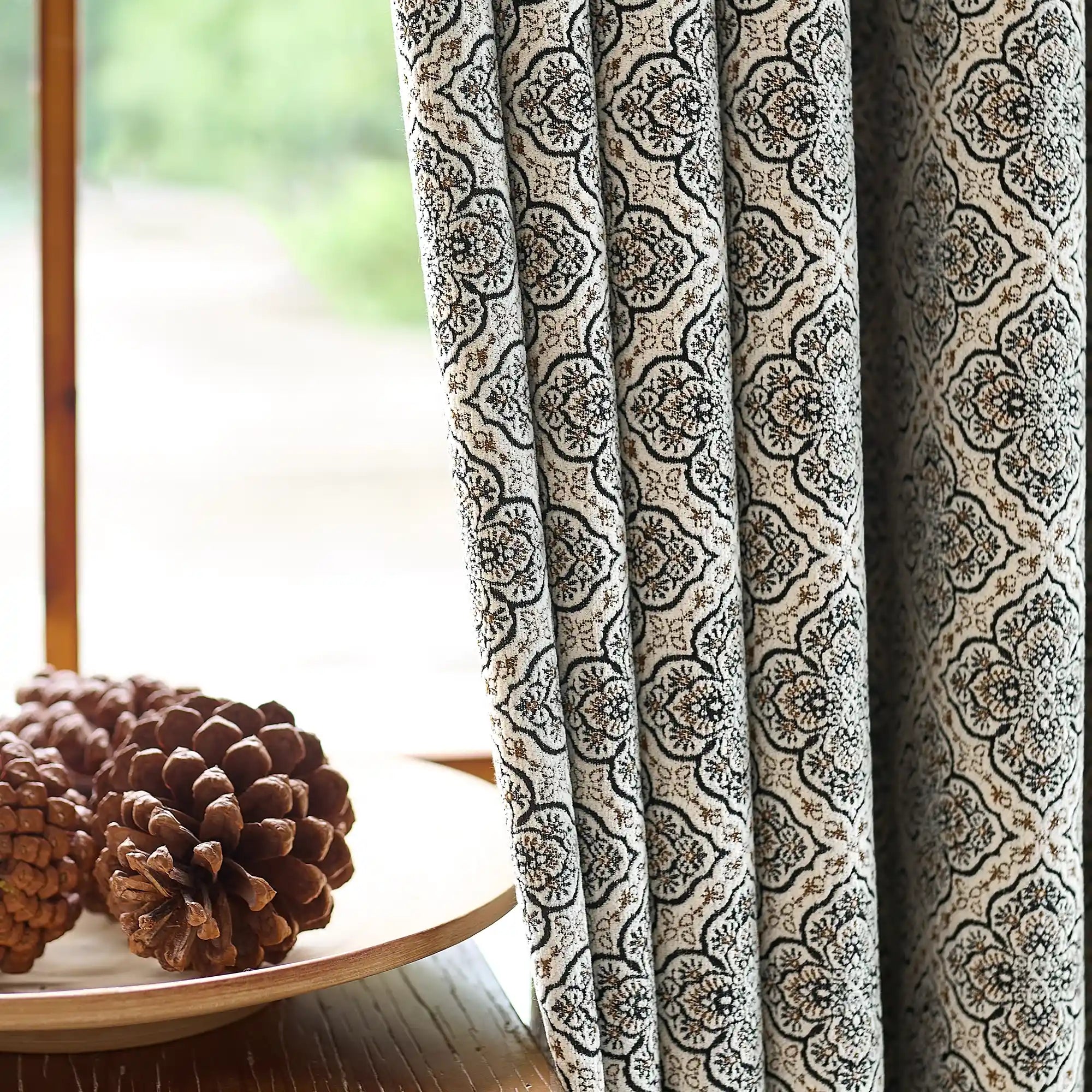 Talise Black & Beige Geometric Damask Jacquard Chenille Drapes
