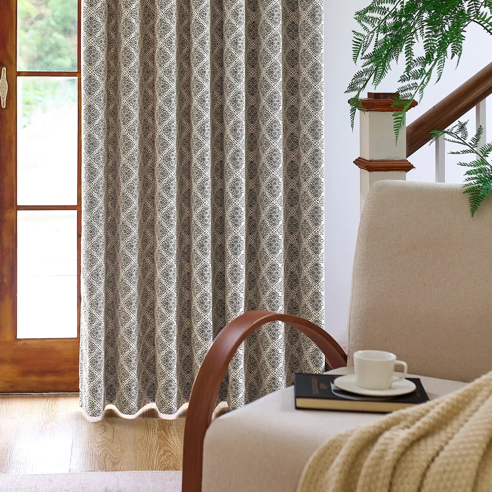 Talise Black & Beige Geometric Damask Jacquard Chenille Drapes