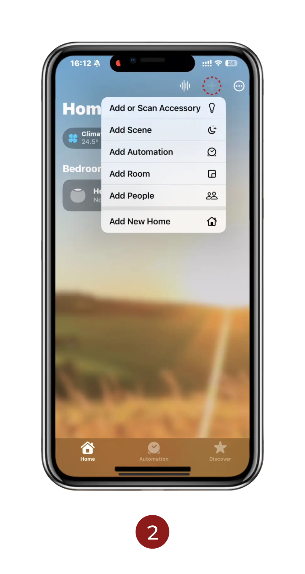 Translation missing: en.Smart home app interface on a smartphone with scenic background