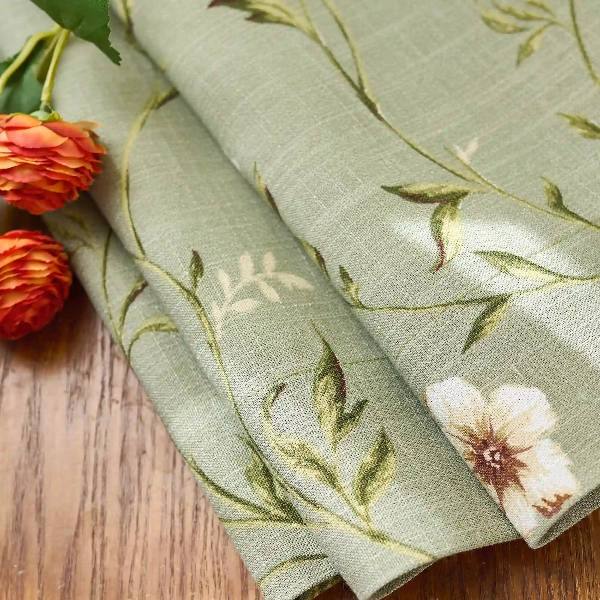 Tara Olive Green Vintage Floral Print Linen Textured Curtains