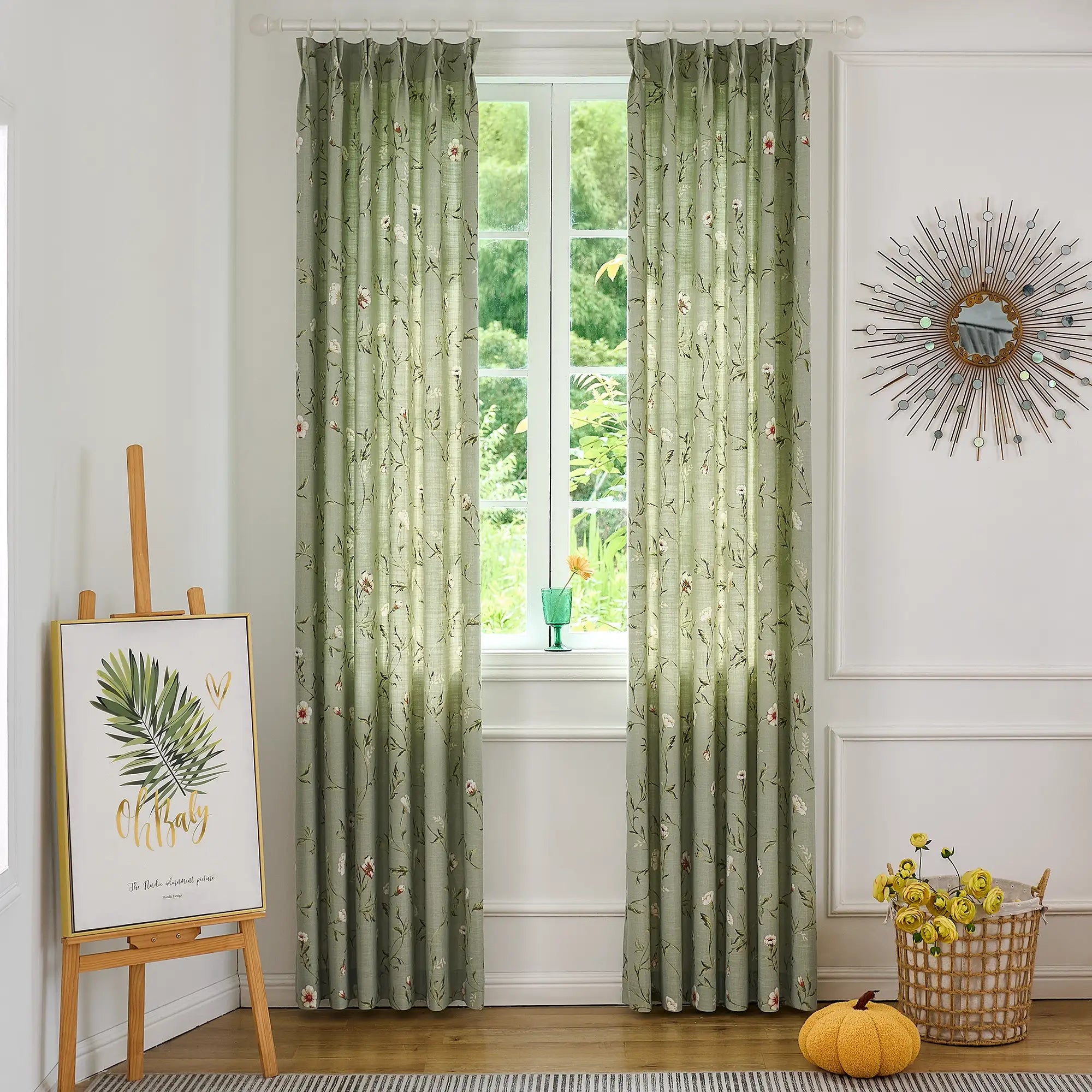 Tara Olive Green Vintage Floral Print Linen Textured Curtains