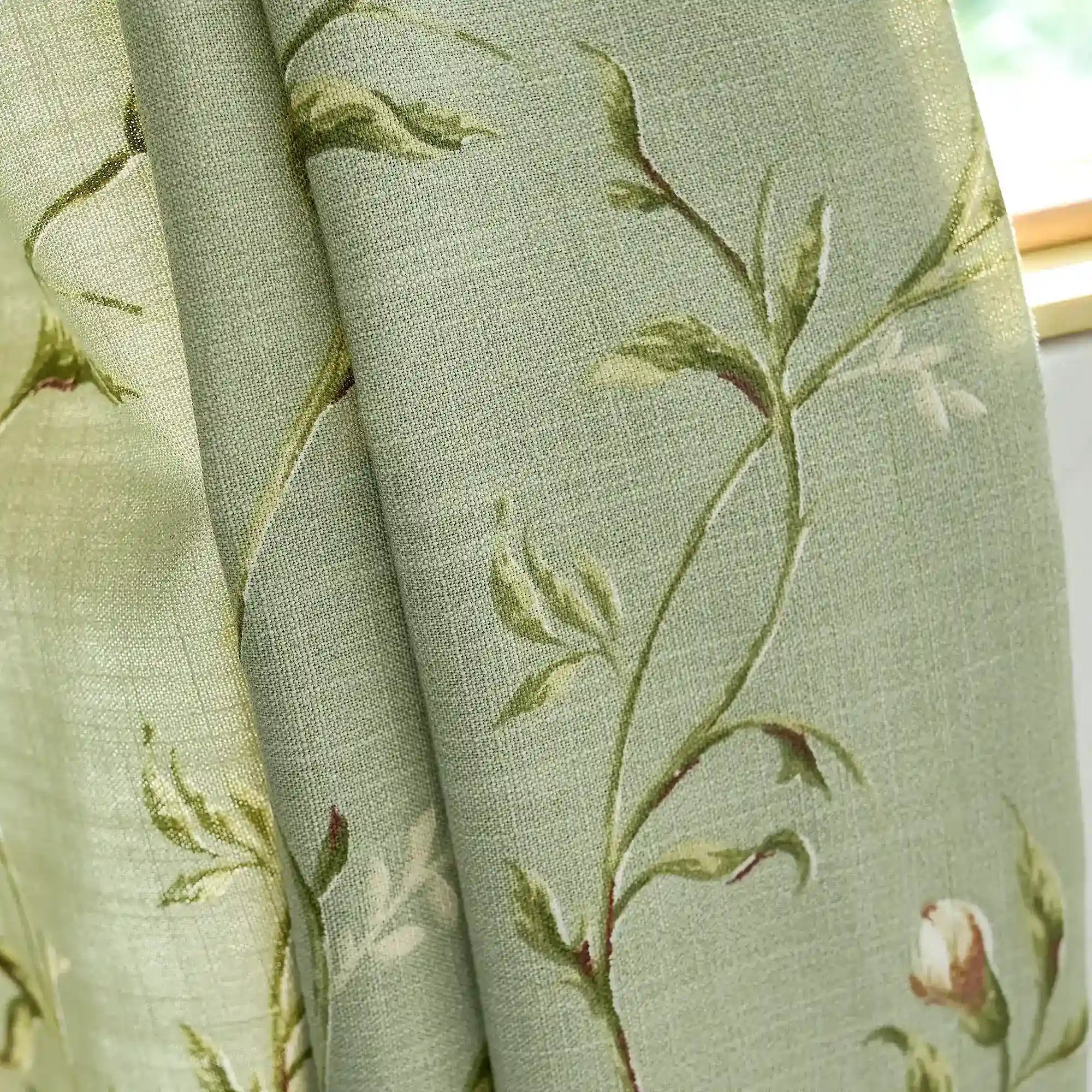 Tara Olive Green Vintage Floral Print Linen Textured Curtains