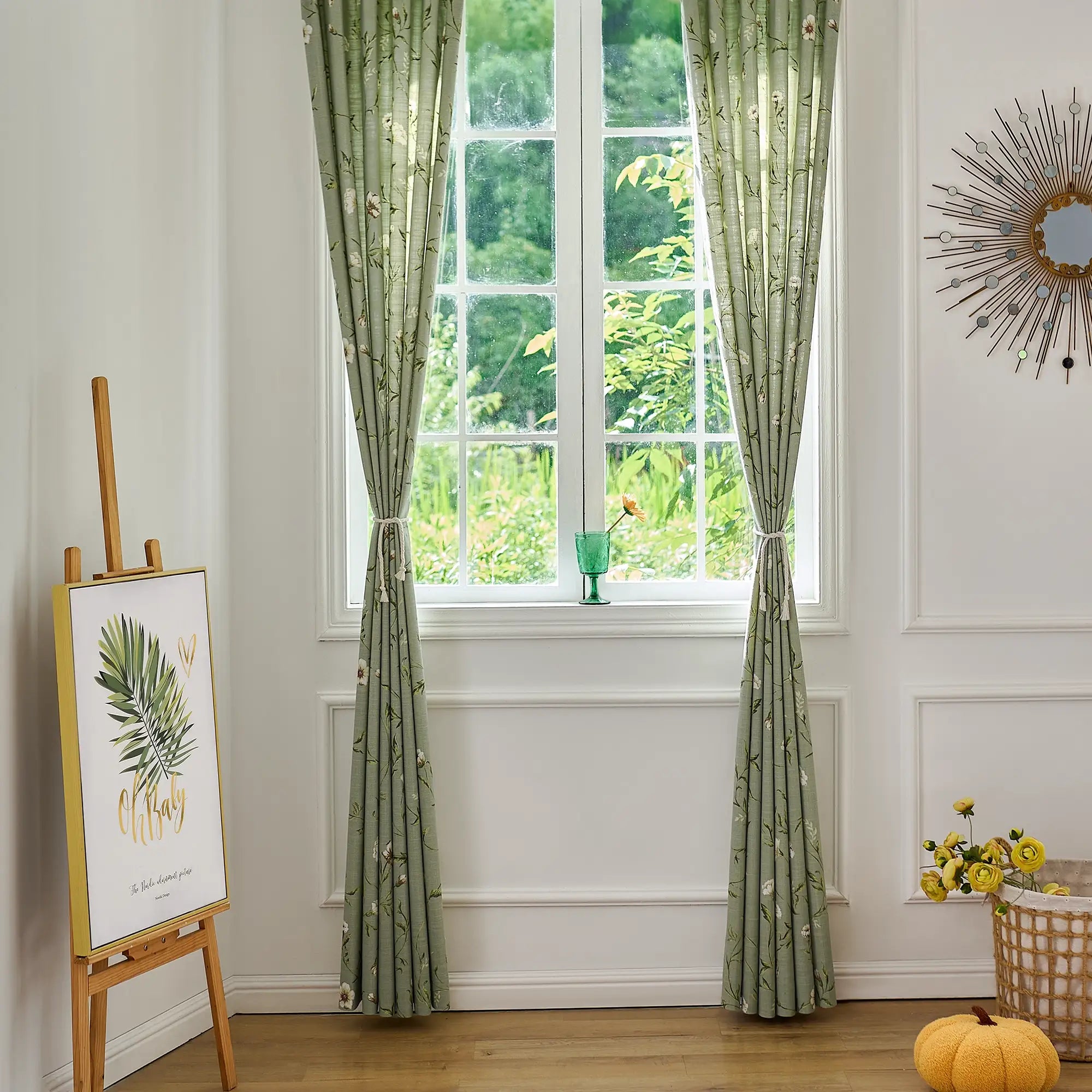Tara Olive Green Vintage Floral Print Linen Textured Curtains