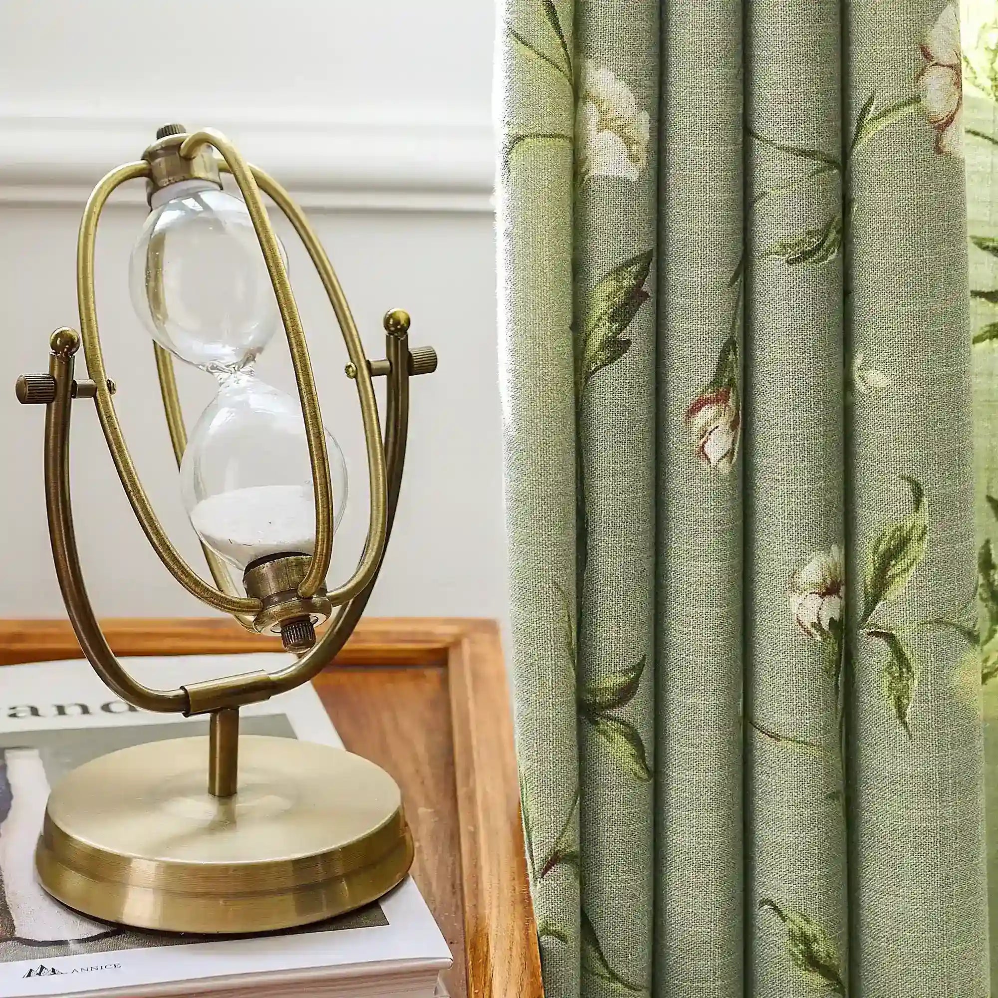 Tara Olive Green Vintage Floral Print Linen Textured Curtains