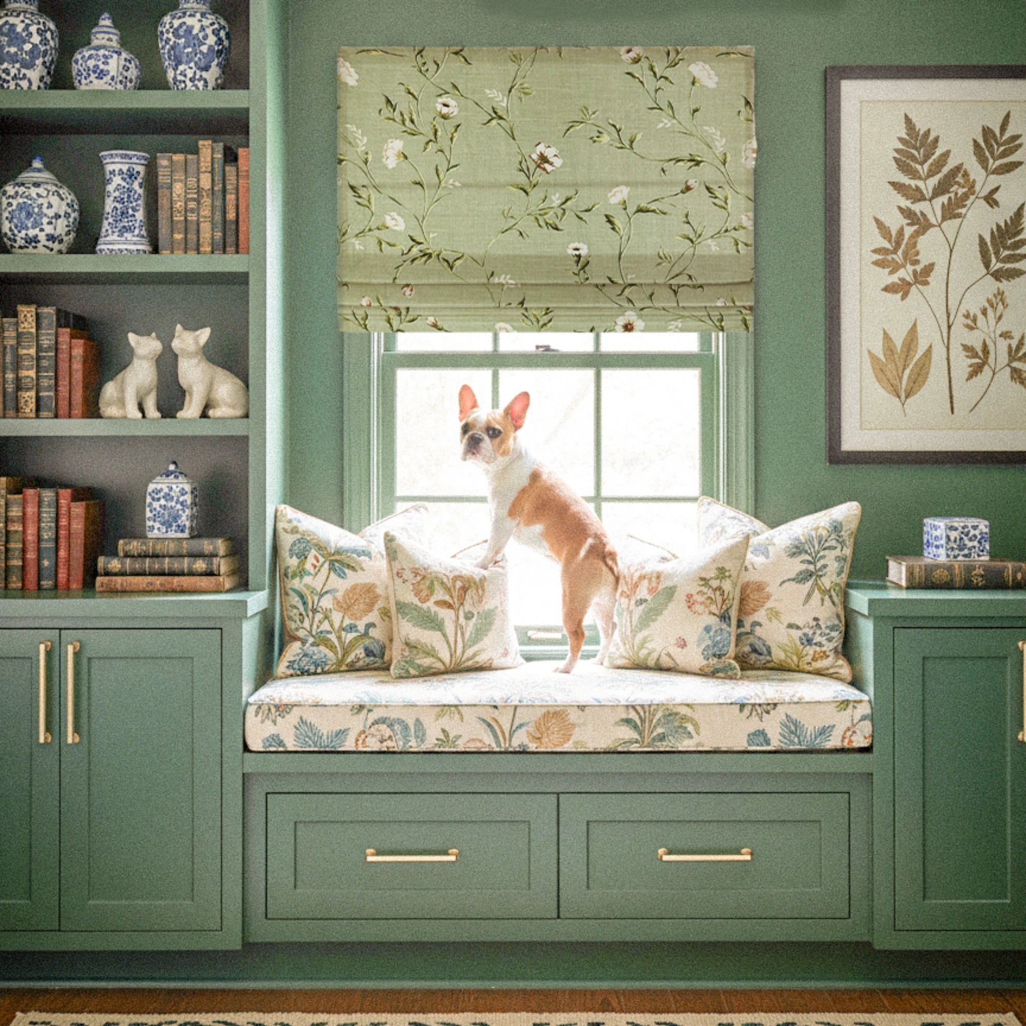 Tara Olive Green Vintage Floral Print Linen Textured Roman Shades: Image H-007_scene_1 displays the roman shade with classic vintage floral print, natural linen texture, soft olive tone and perfect home scene matching effect.