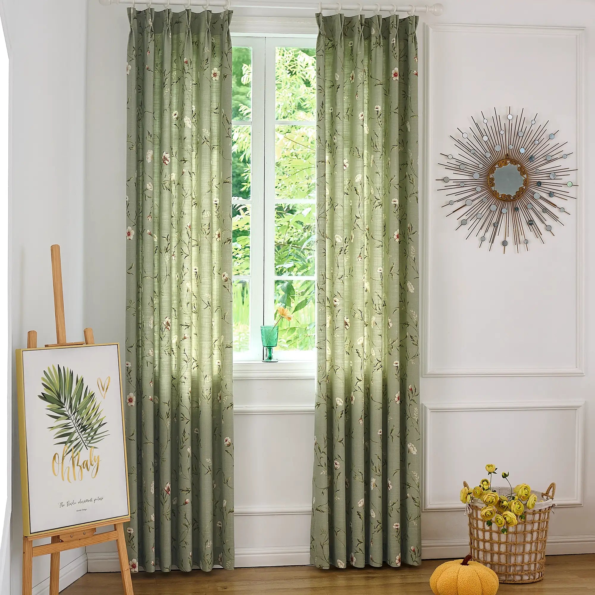 Tara Olive Green Vintage Floral Print Linen Textured Curtains