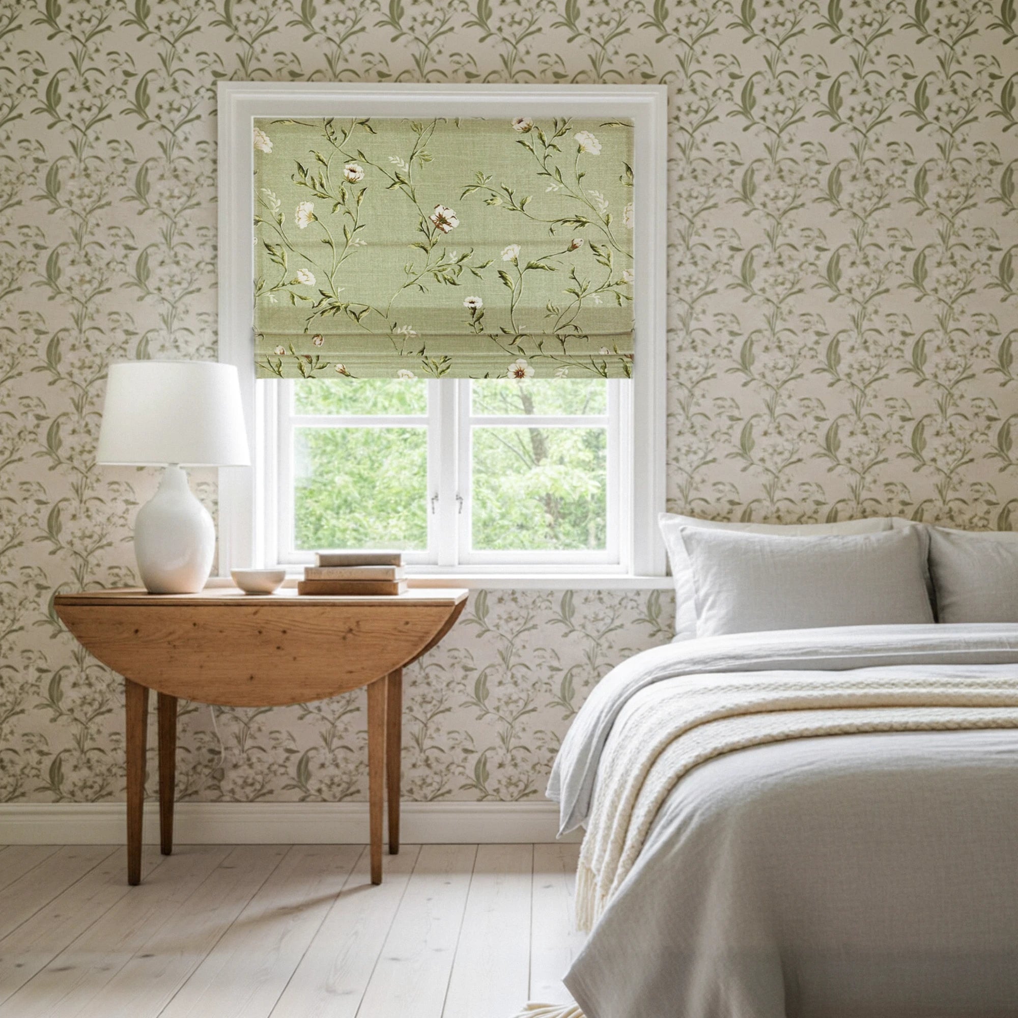 Tara Olive Green Vintage Floral Print Linen Textured Roman Shades: Image H-007_scene_2 displays the roman shade with classic vintage floral print, natural linen texture, soft olive tone and perfect home scene matching effect.