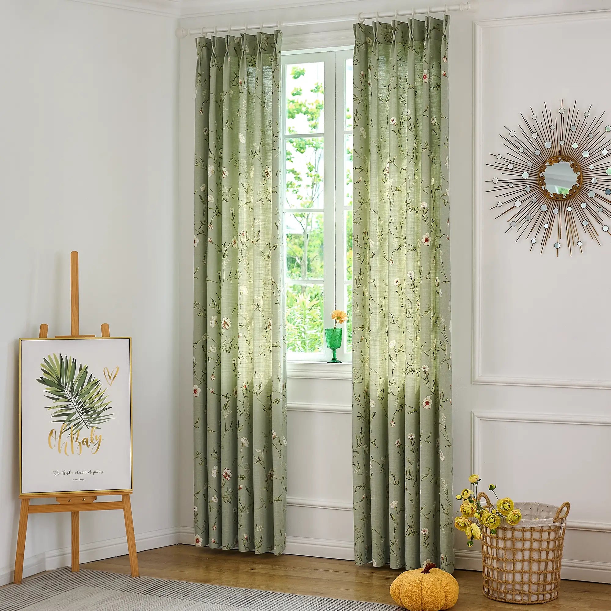 Tara Olive Green Vintage Floral Print Linen Textured Curtains