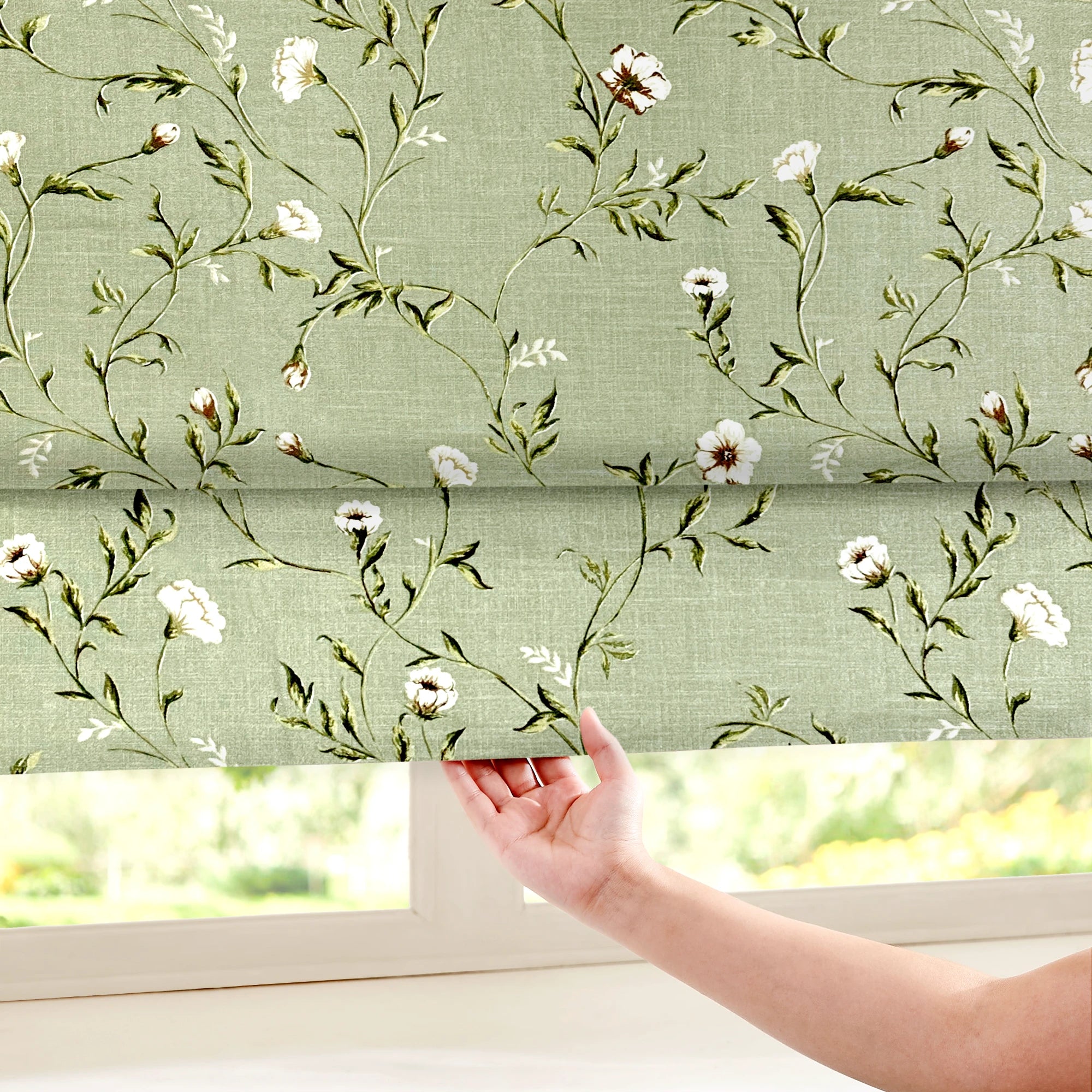 Tara Olive Green Vintage Floral Print Linen Textured Roman Shades: Image H-007_scene_3 displays the roman shade with classic vintage floral print, natural linen texture, soft olive tone and perfect home scene matching effect.