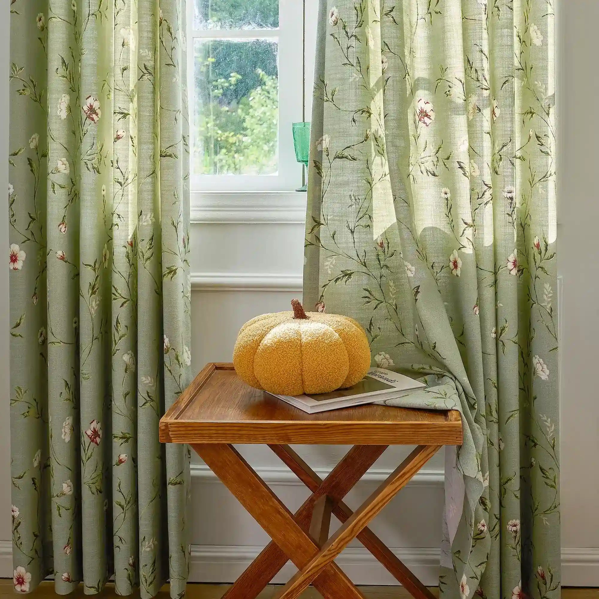 Tara Olive Green Vintage Floral Print Linen Textured Curtains