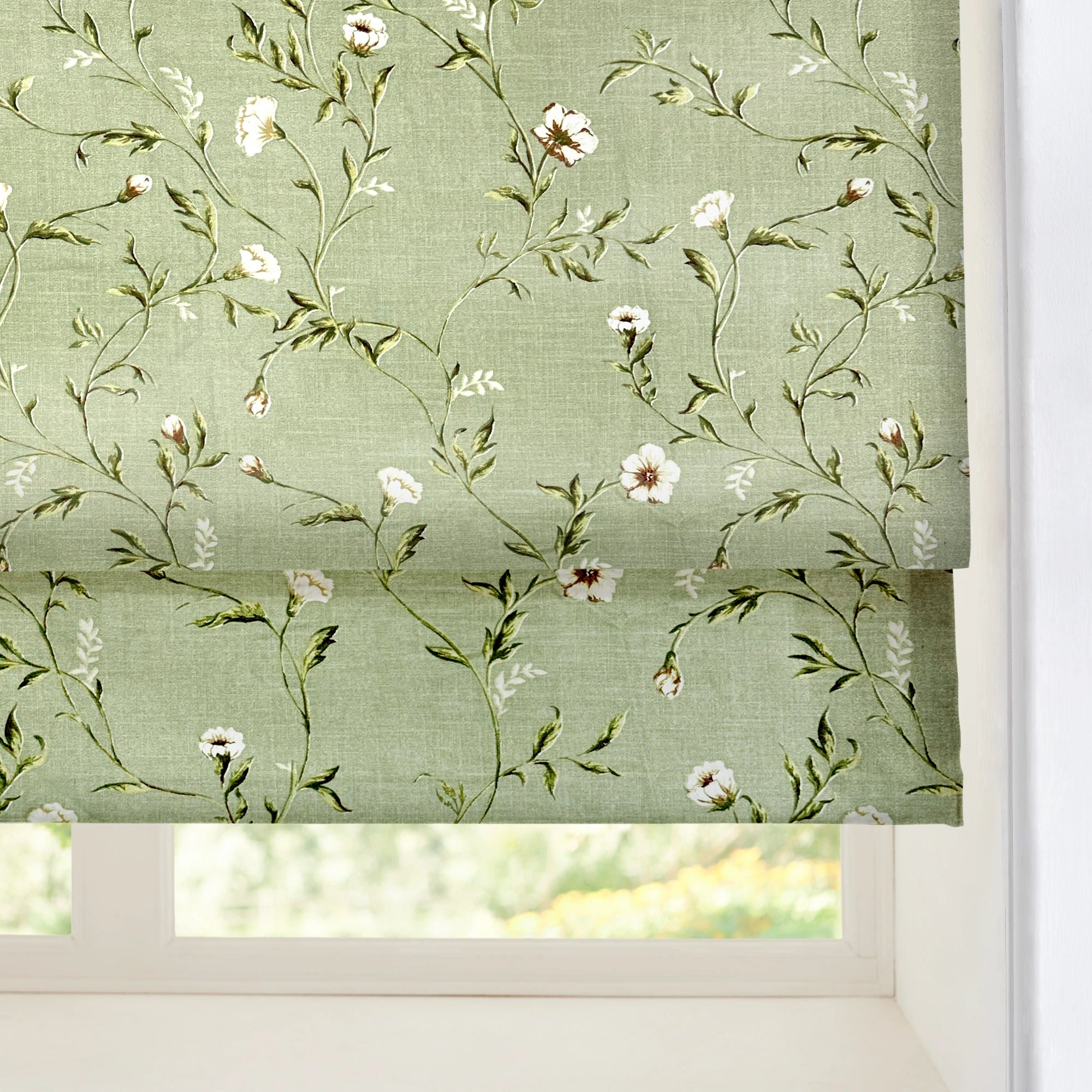 Tara Olive Green Vintage Floral Print Linen Textured Roman Shades: Image H-007_scene_4 showcases the roman shade with timeless vintage floral print, natural linen texture, soft olive green hue and beautiful home scene coordination.