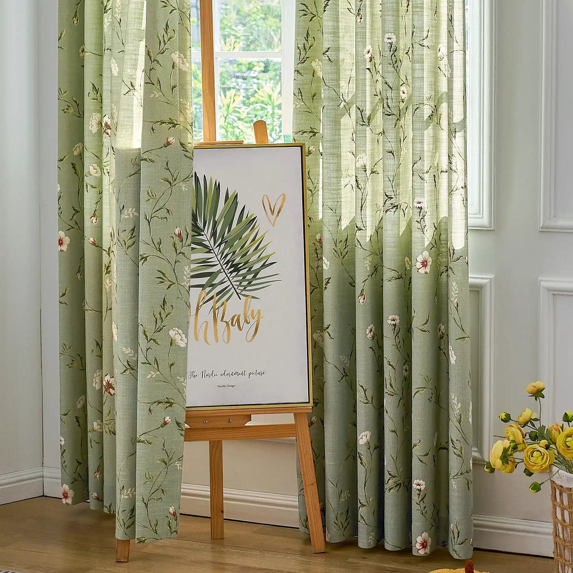 Tara Olive Green Vintage Floral Print Linen Textured Curtains