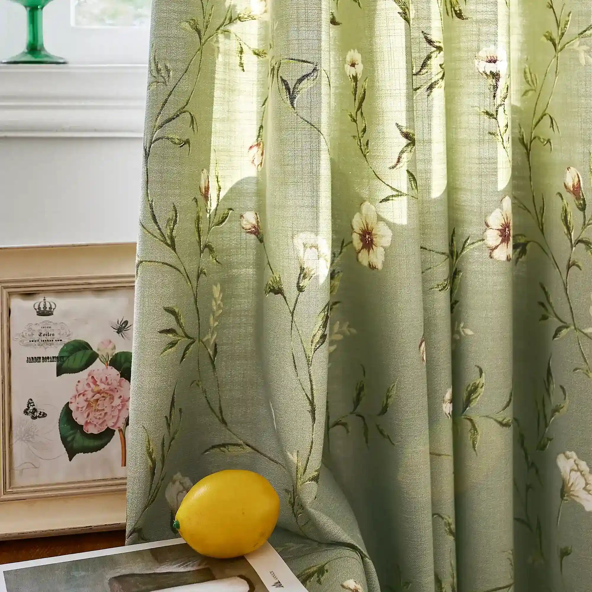 Tara Olive Green Vintage Floral Print Linen Textured Curtains