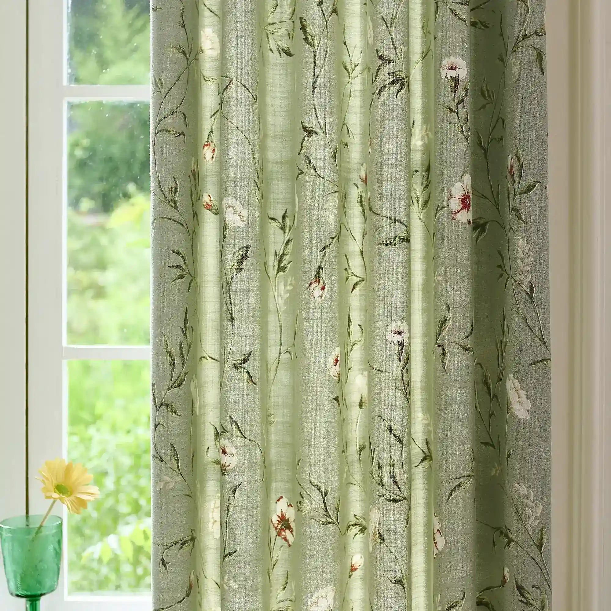 Tara Olive Green Vintage Floral Print Linen Textured Curtains