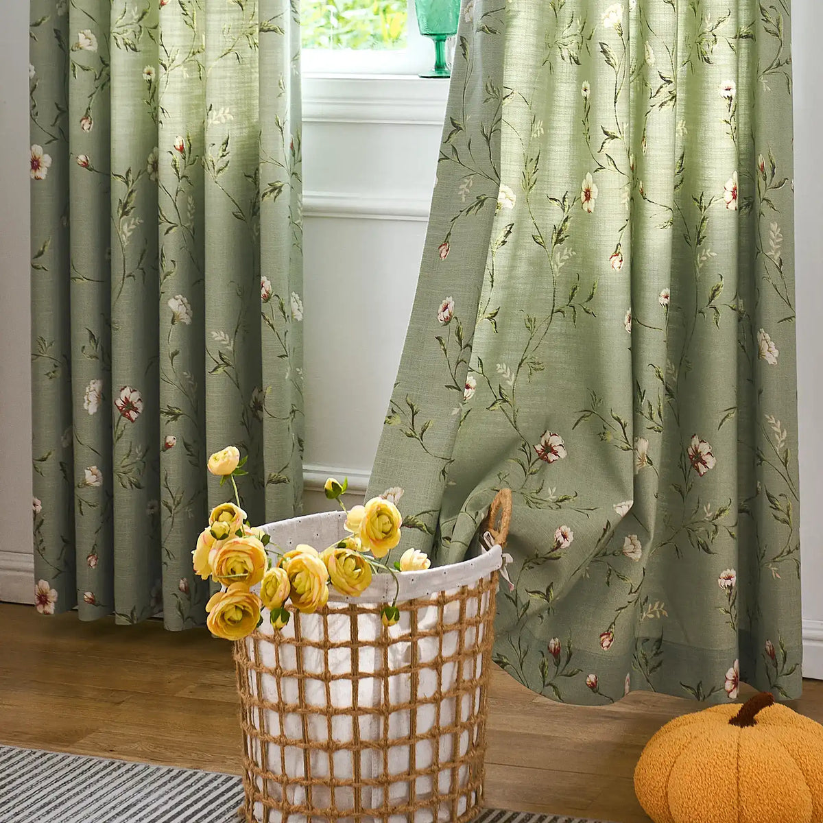 Tara Olive Green Vintage Floral Print Linen Textured Curtains