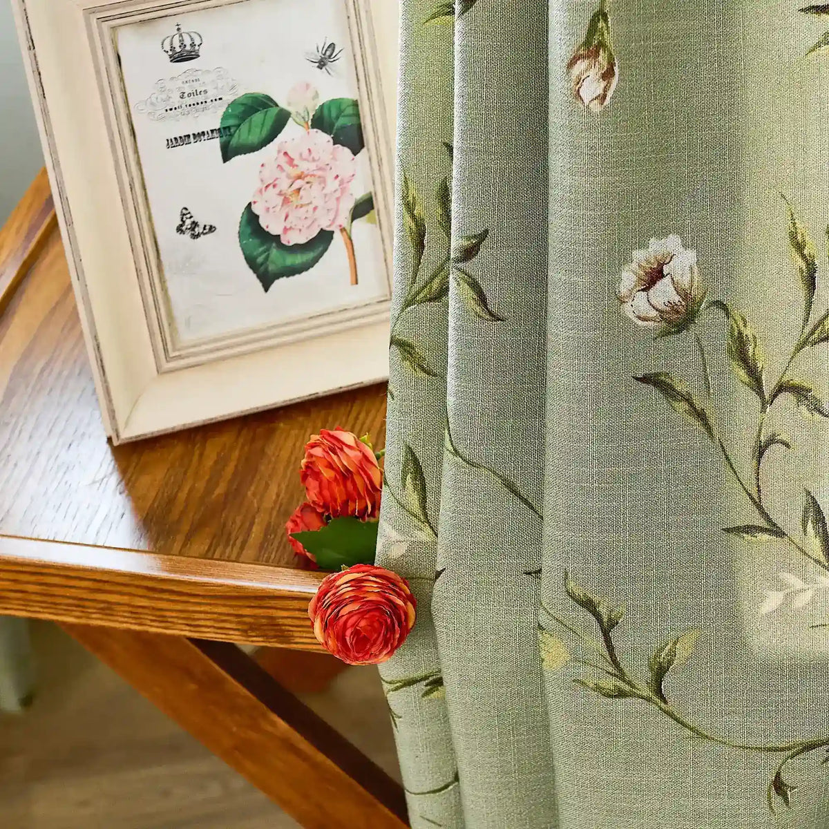 Tara Olive Green Vintage Floral Print Linen Textured Curtains