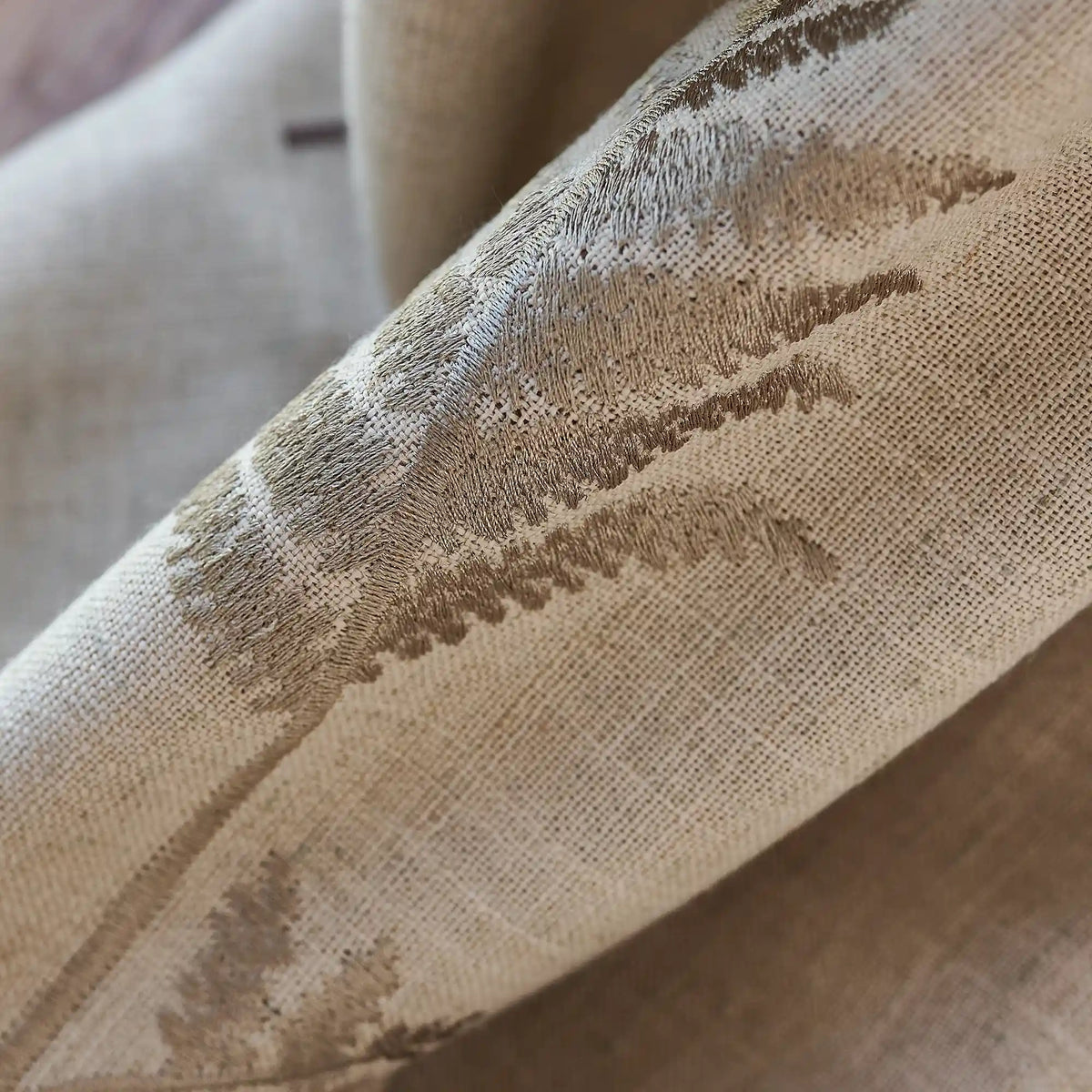Valora Fern Embroidered Leaf Linen Textured Roman Shades: Image detail_2 highlights the intricate fern embroidered leaf details, premium linen textured fabric and refined craftsmanship of the roman shade.