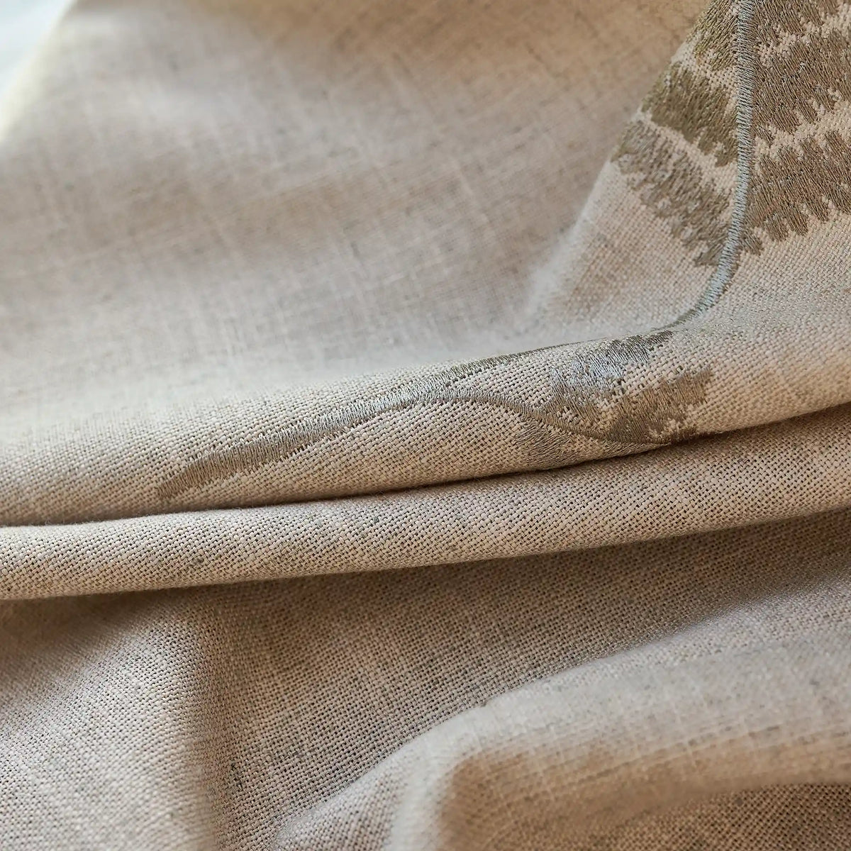 Valora Fern Embroidered Leaf Linen Textured Curtains, softly filtering sunlight, detail display