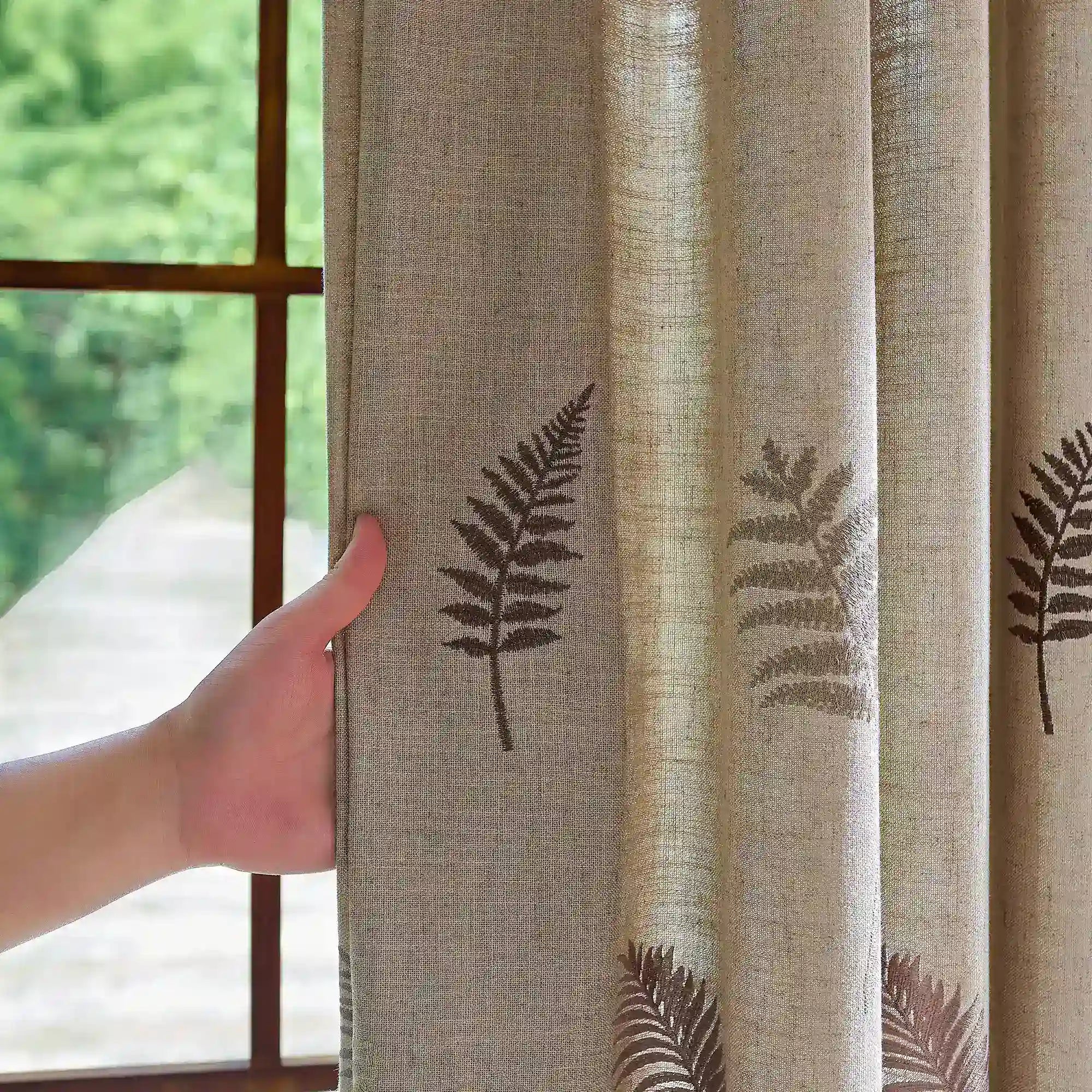 Valora Fern Embroidered Leaf Linen Textured Curtains, softly filtering sunlight, front and back detail display