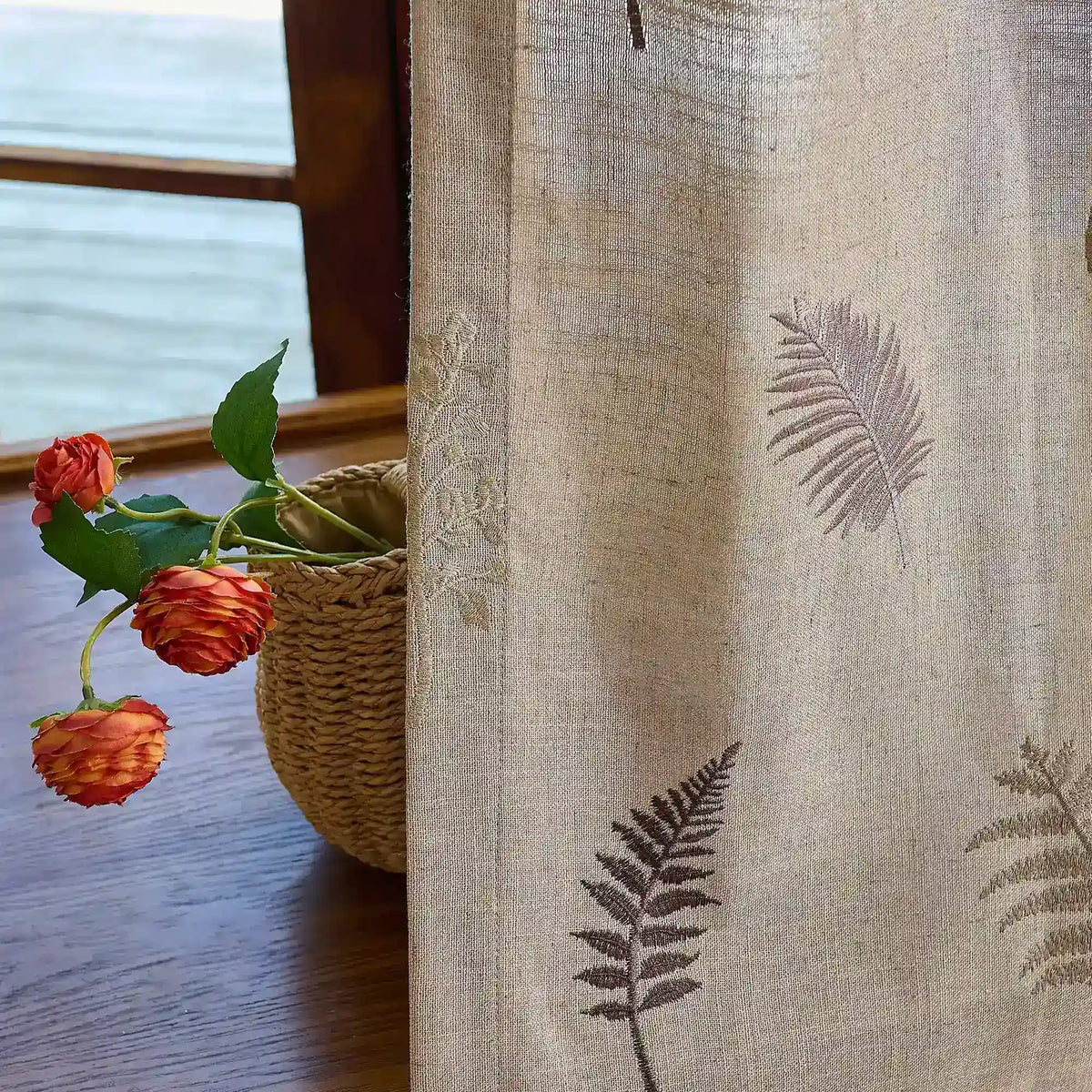 Valora Fern Embroidered Leaf Linen Textured Curtains, softly filtering sunlight, detail display