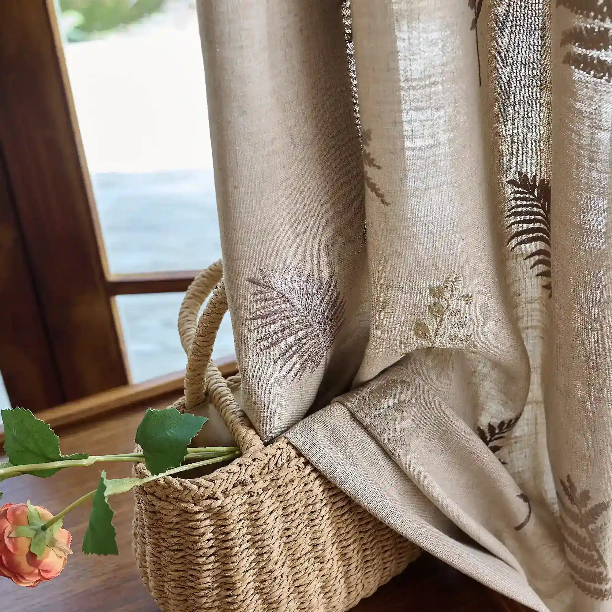 Valora Fern Embroidered Leaf Linen Textured Curtains, softly filtering sunlight, detail display