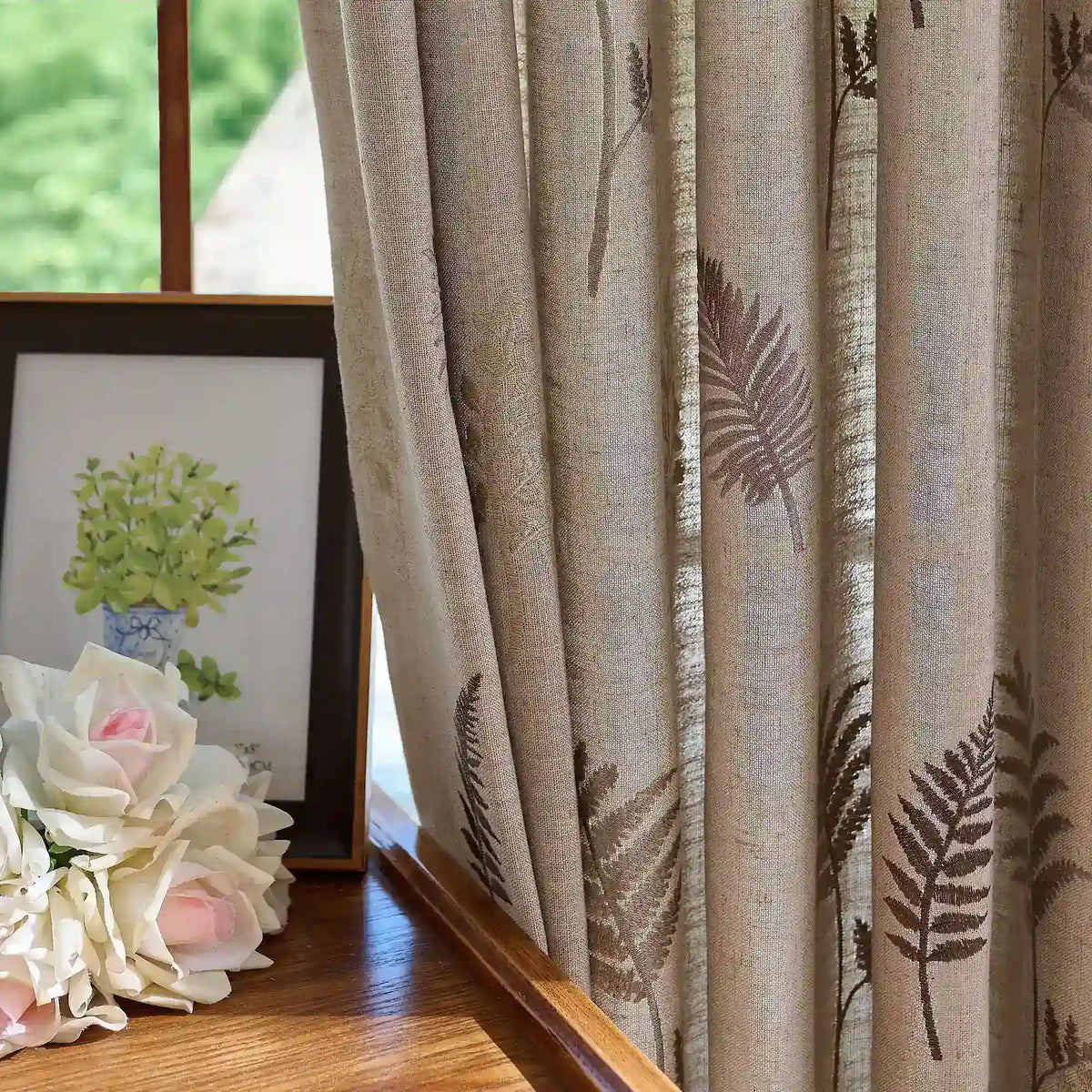Valora Fern Embroidered Leaf Linen Textured Curtains, softly filtering sunlight, detail display