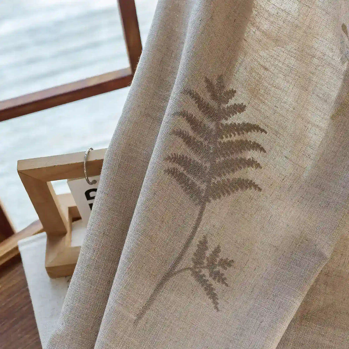 Valora Fern Embroidered Leaf Linen Textured Curtains, softly filtering sunlight, detail display