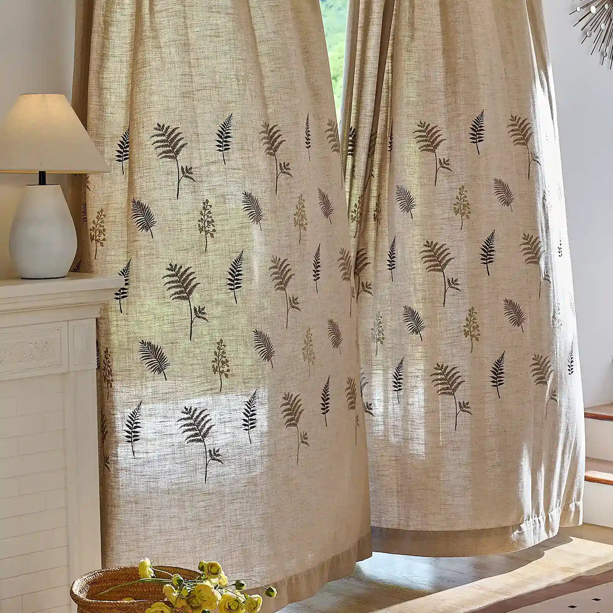 Valora Fern Embroidered Leaf Linen Textured Curtains, softly filtering sunlight, detail display