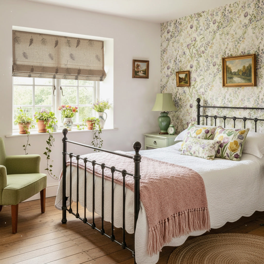 Valora Fern Embroidered Leaf Linen Textured Roman Shades: Image scene_2 showcases the roman shade with exquisite fern embroidered leaf design, premium linen textured fabric and stylish home scene coordination.