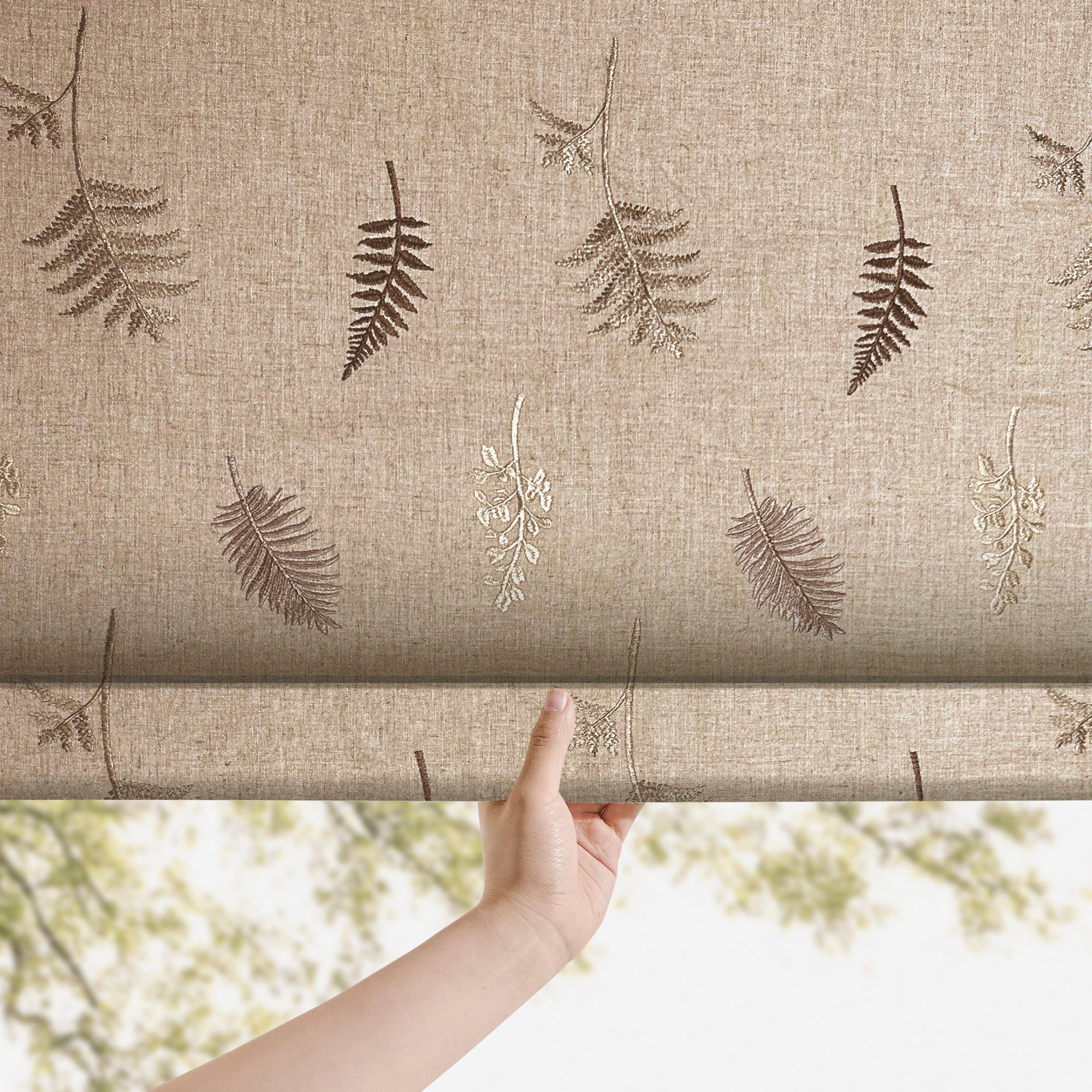 Valora Fern Embroidered Leaf Linen Textured Roman Shades: Image scene_3 showcases the roman shade with exquisite fern embroidered leaf design, premium linen textured fabric and stylish home scene coordination.
