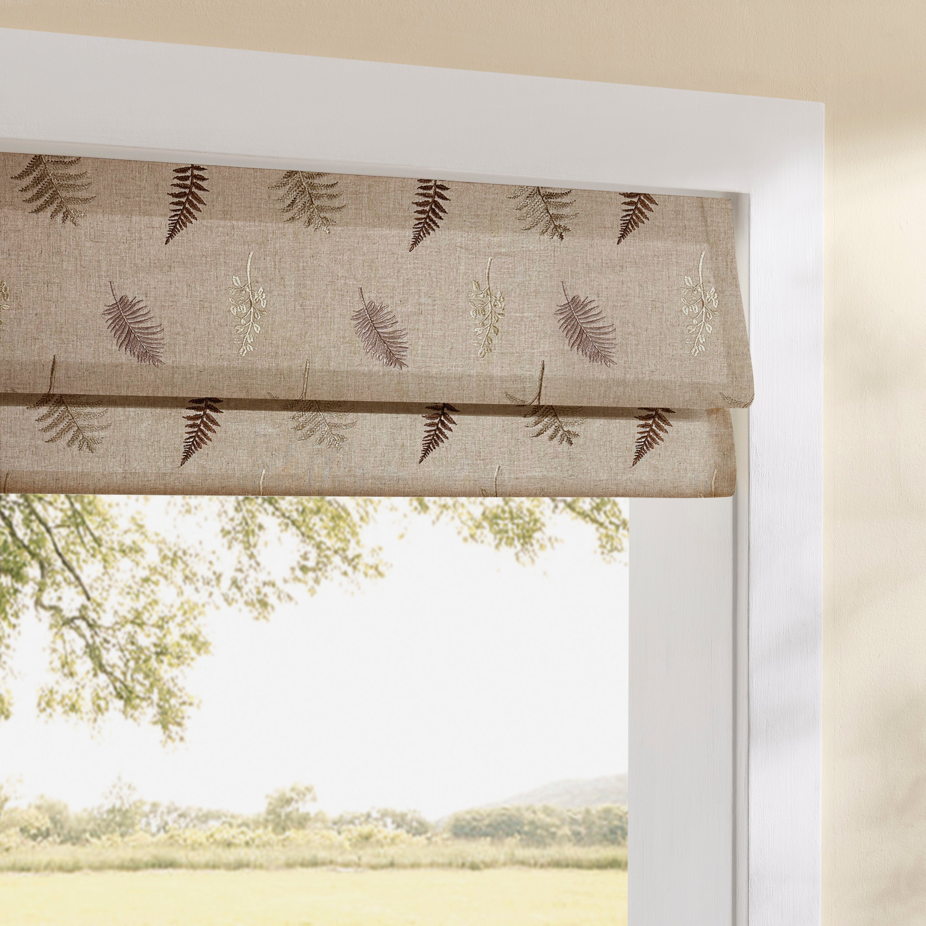 Valora Fern Embroidered Leaf Linen Textured Roman Shades: Image scene_4 showcases the roman shade with exquisite fern embroidered leaf design, premium linen textured fabric and stylish home scene coordination.