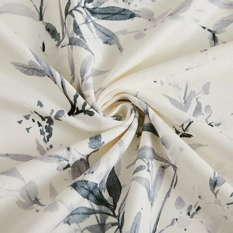 Vera Inked Misty Gray Leaves & Branches Print Linen Curtains