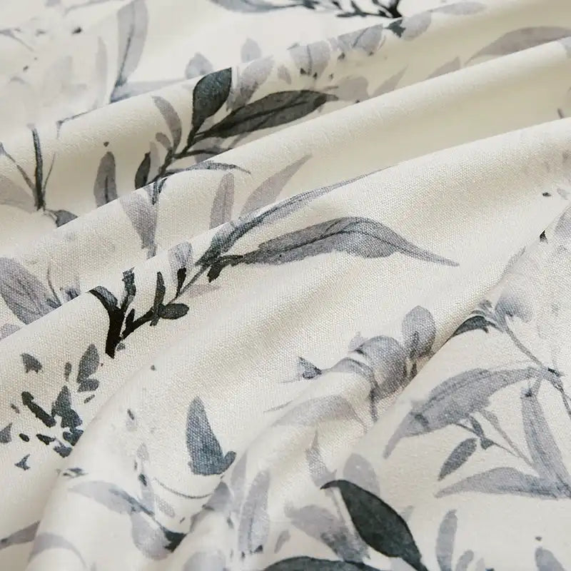 Vera Inked Misty Gray Leaves & Branches Print Linen Curtains