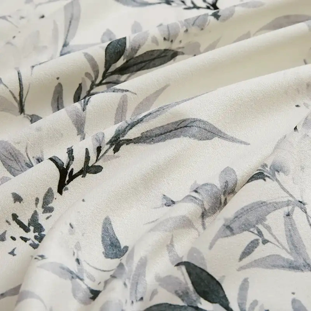 Vera Inked Misty Gray Leaves & Branches Print Linen Roman Shades: Image detail_2 highlights the intricate inked misty gray leaves & branches print details, soft linen fabric texture and exquisite craftsmanship of the roman shade.
