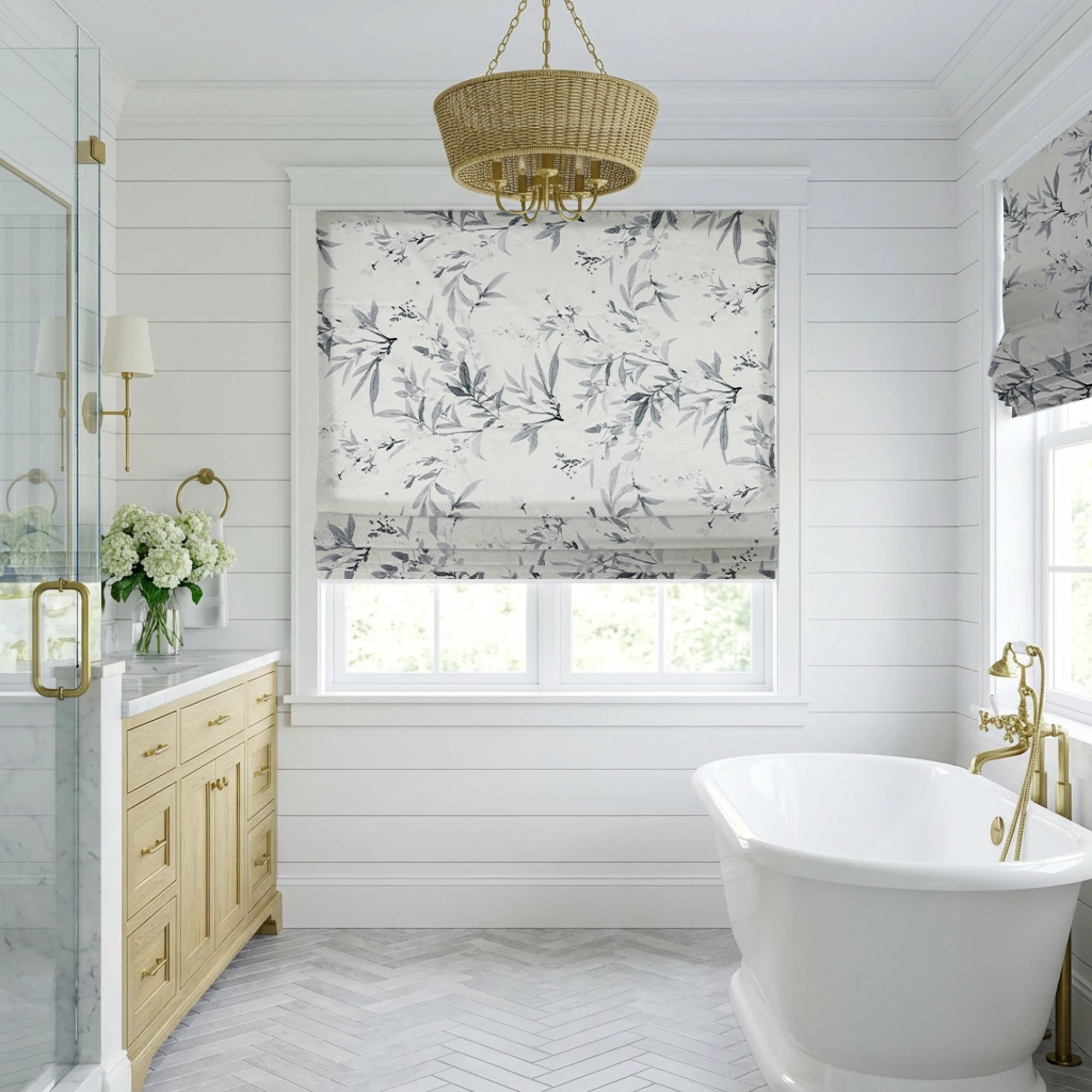 Vera Inked Misty Gray Leaves & Branches Print Linen Roman Shades: Image scene_1 showcases the roman shade with elegant inked misty gray leaves & branches print, natural linen fabric and stylish home scene display.