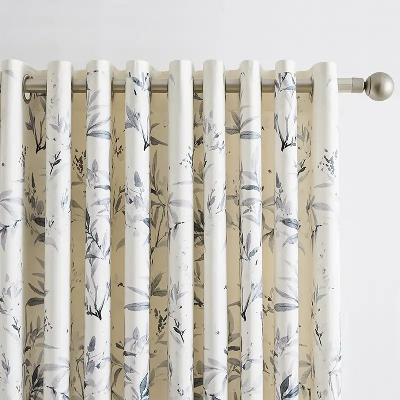 Vera Inked Misty Gray Leaves & Branches Print Linen Curtains