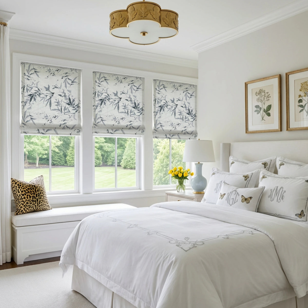 Vera Inked Misty Gray Leaves & Branches Print Linen Roman Shades: Image scene_2 showcases the roman shade with elegant inked misty gray leaves & branches print, natural linen fabric and stylish home scene display.