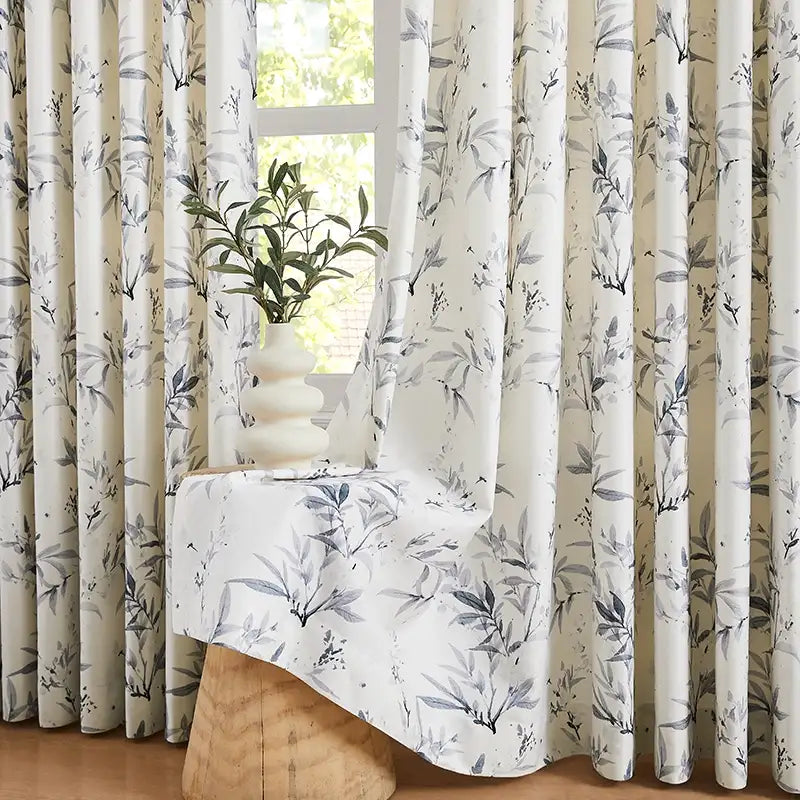 Vera Inked Misty Gray Leaves & Branches Print Linen Curtains
