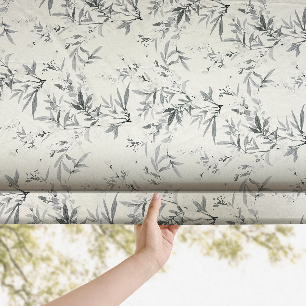 Vera Inked Misty Gray Leaves & Branches Print Linen Roman Shades: Image scene_3 showcases the roman shade with elegant inked misty gray leaves & branches print, natural linen fabric and stylish home scene display.