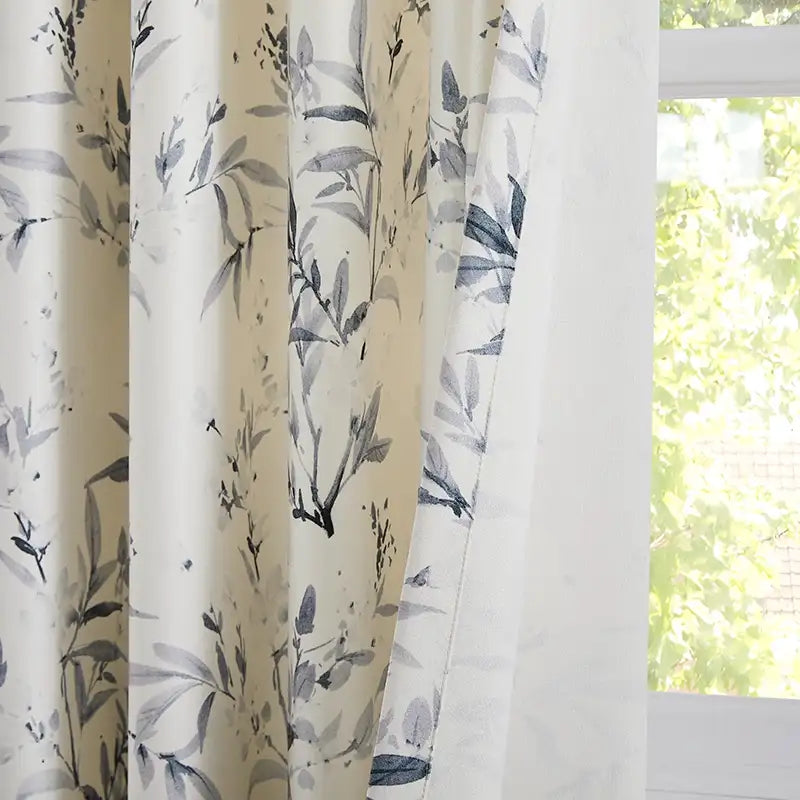 Vera Inked Misty Gray Leaves & Branches Print Linen Curtains