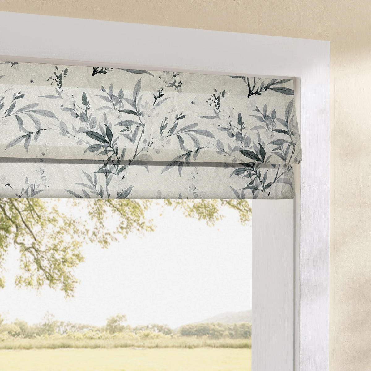 Vera Inked Misty Gray Leaves & Branches Print Linen Roman Shades: Image scene_4 showcases the roman shade with elegant inked misty gray leaves & branches print, natural linen fabric and stylish home scene display.