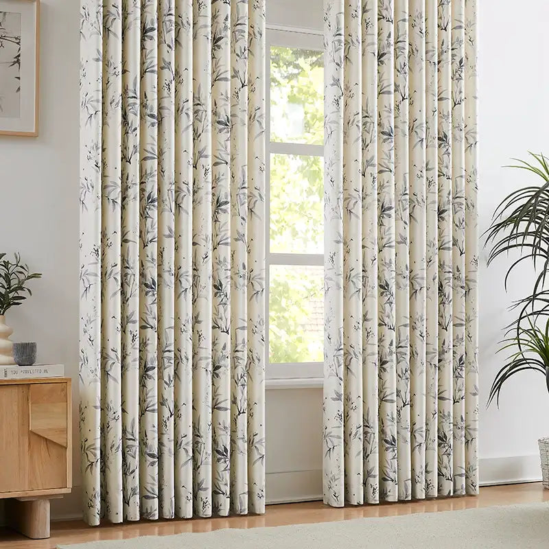 Vera Inked Misty Gray Leaves & Branches Print Linen Curtains