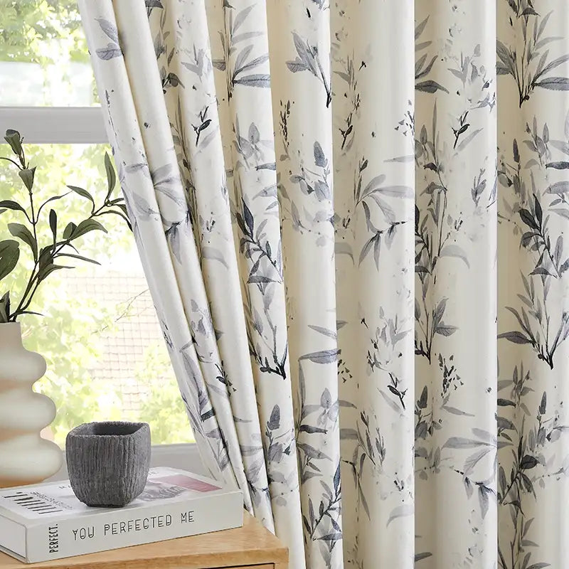 Vera Inked Misty Gray Leaves & Branches Print Linen Curtains