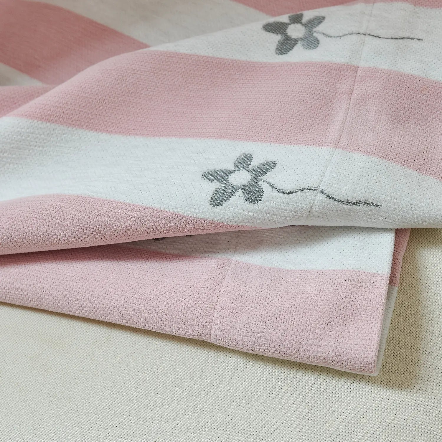 Vianna Pink & White Stripe Floral Print Chenille Curtains