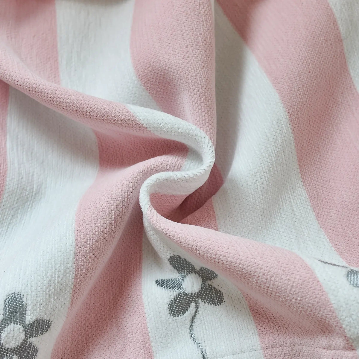 Vianna Pink & White Stripe Floral Print Chenille Roman Shades: Image 802_detail_2 highlights the delicate pink & white stripe floral print details, soft chenille fabric texture and refined craftsmanship of the roman shade.