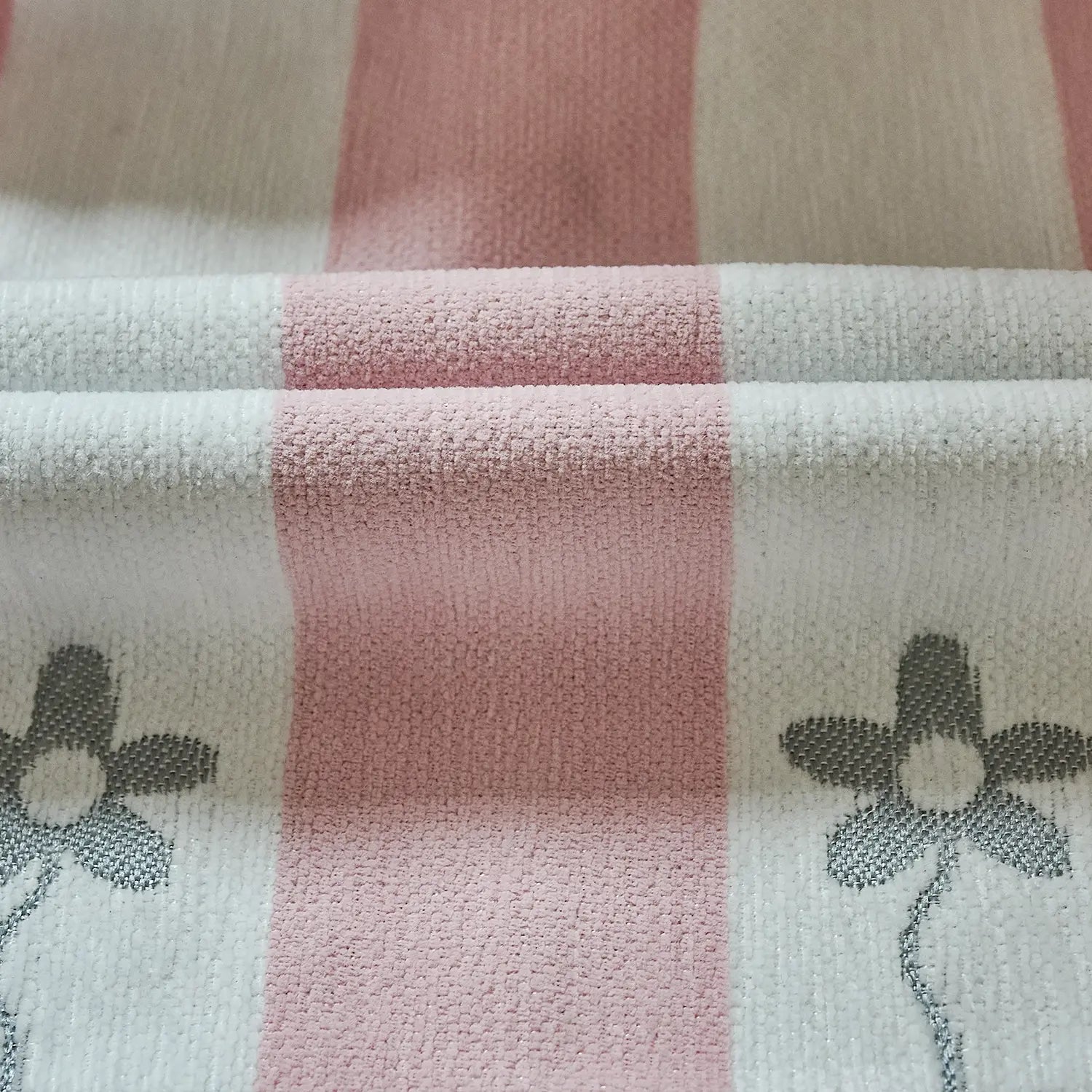 Vianna Pink & White Stripe Floral Print Chenille Curtains