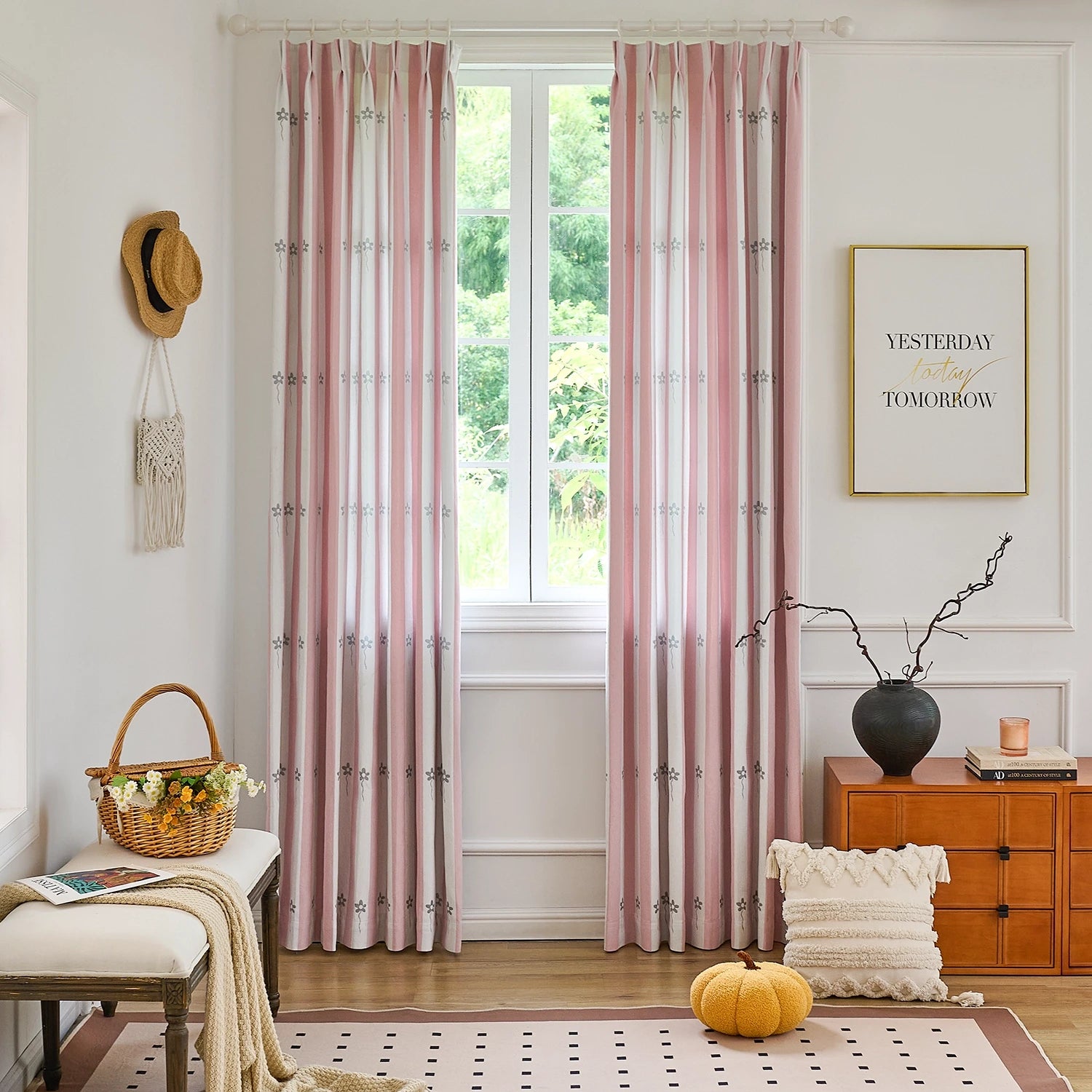Vianna Pink & White Stripe Floral Print Chenille Curtains
