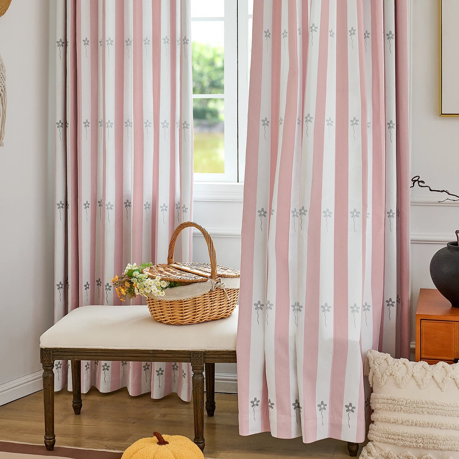 Vianna Pink & White Stripe Floral Print Chenille Curtains