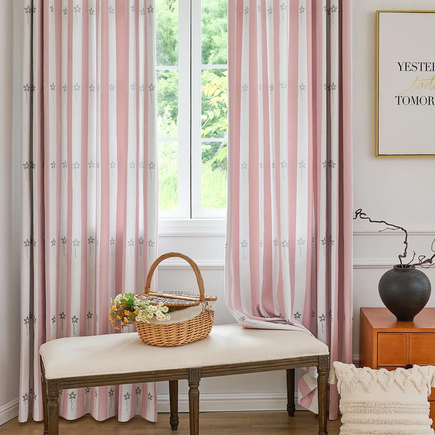 Vianna Pink & White Stripe Floral Print Chenille Curtains